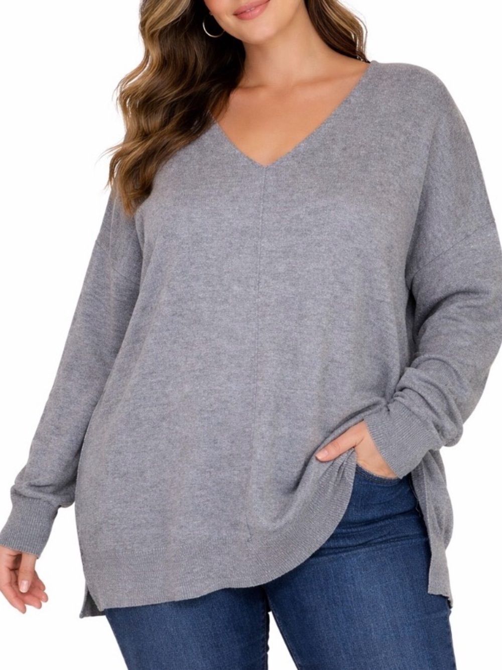 Margeaux & Ellie Sweater gray plus size 3X lightweight V-neck boxy top